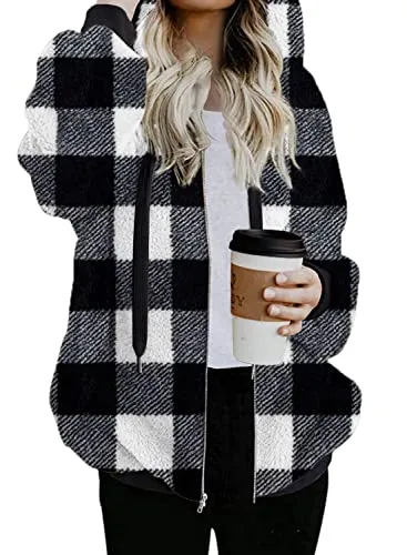 Womens Full Zip Up Sherpa Hoodie Fuzzy Fleece Jacket Oversized Fluffy Coat with Pockets