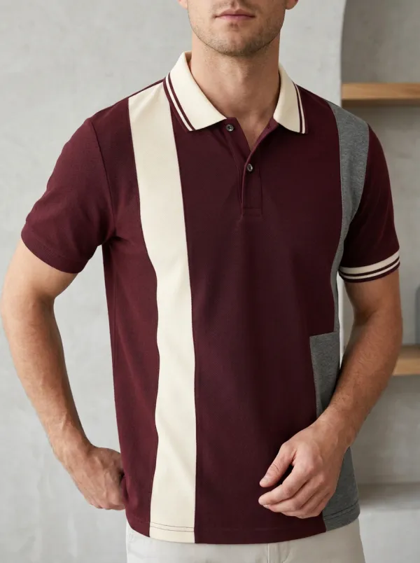 Men's Casual Vintage Colorblock Striped Printed Polo Shirt