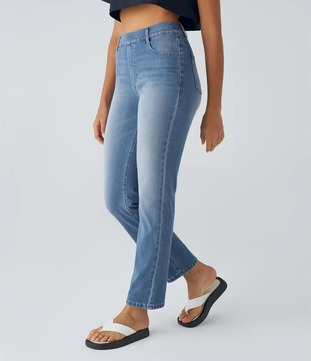 Magic High Waisted Multiple Pockets Straight Leg Washed Stretchy Knit Casual Jeans