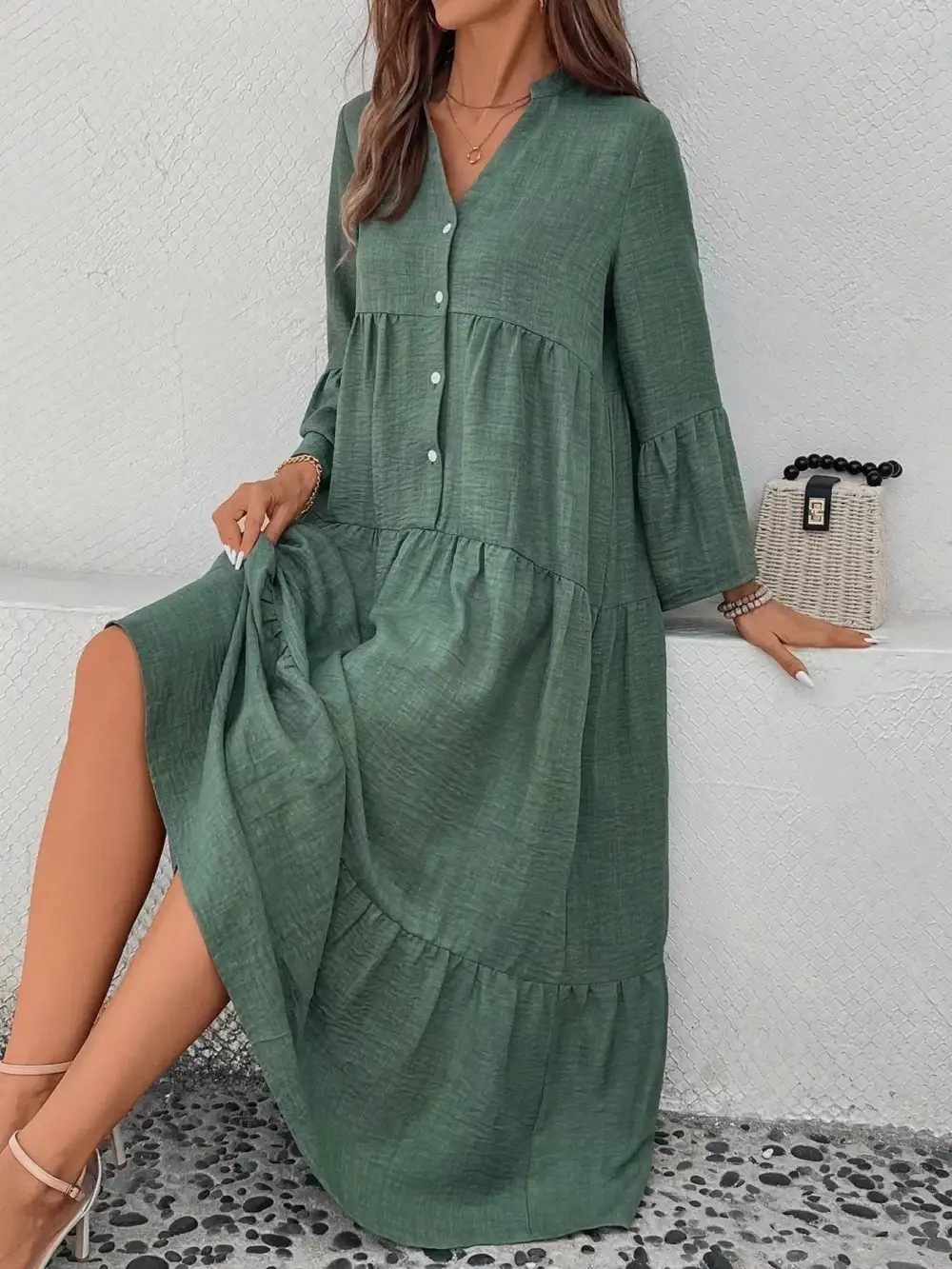Button Front Ruffle Tiered Dress Casual