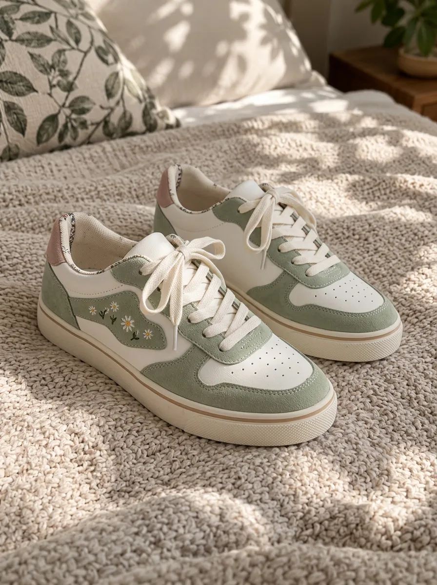 Women's Floral Daisy Sage Green Patchwork Printed Sneakers