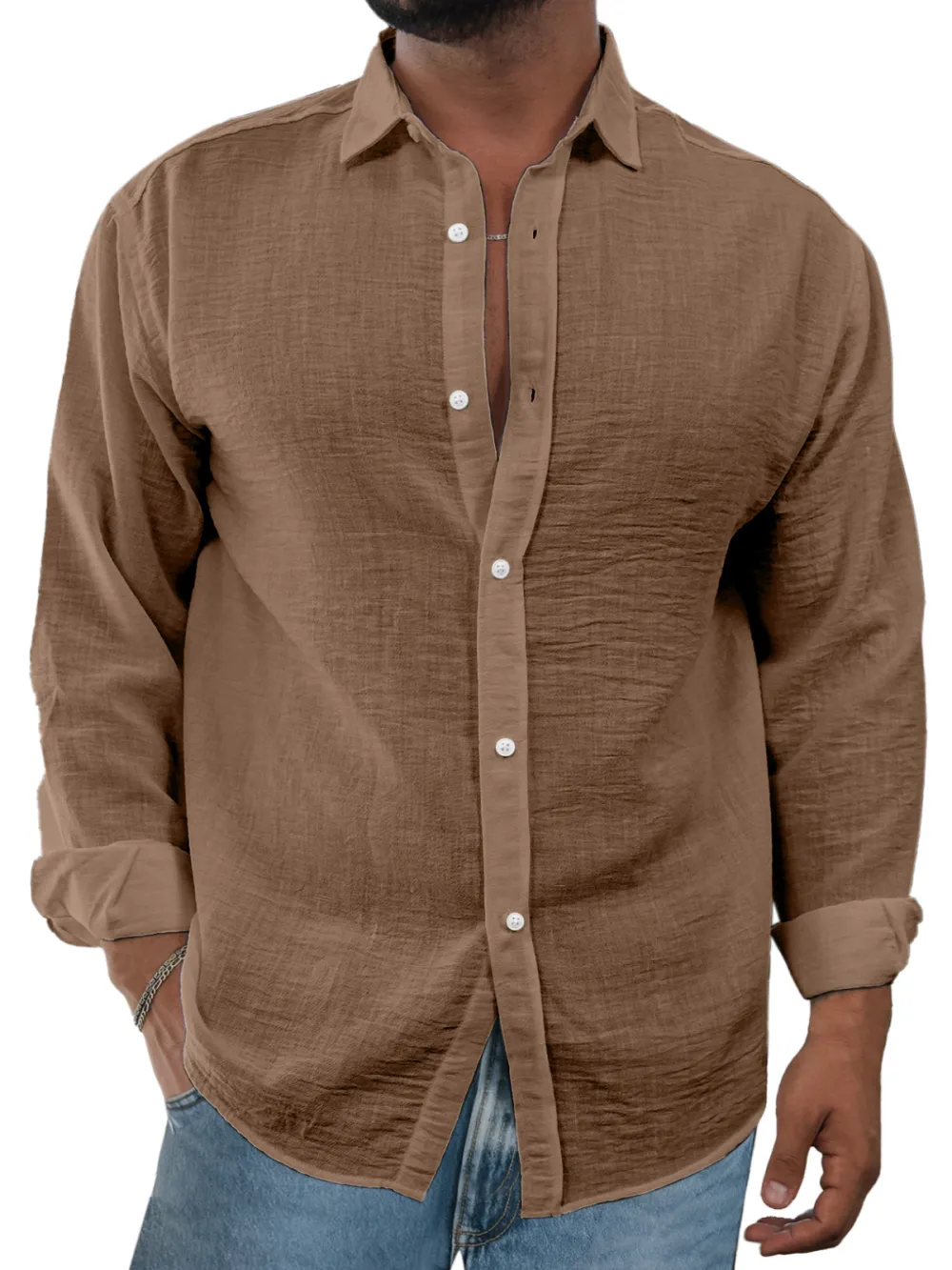 Linen Blend Open Collar Shirt