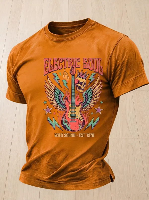 Unisex Rock Music Lover Electric Guitar Skull Wings Printed T-shirt