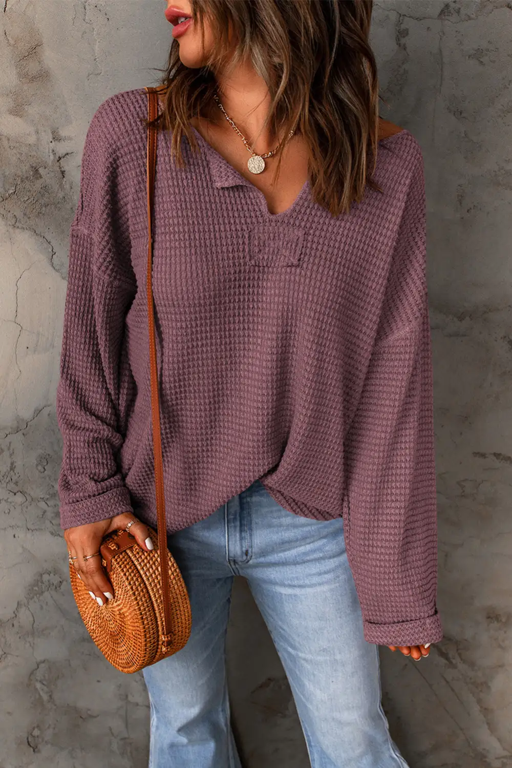Waffle Knit Long Sleeve Loose Fit Women's Top
