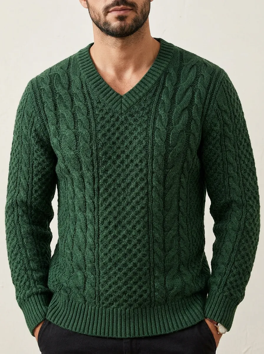 Men’s Ribbed Cable-Knit V-Neck Easygoing Sweater