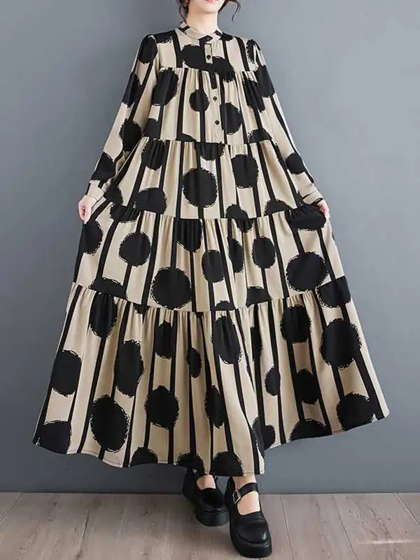 Pleated Polka Dot Buttoned Long Shirt Maxi