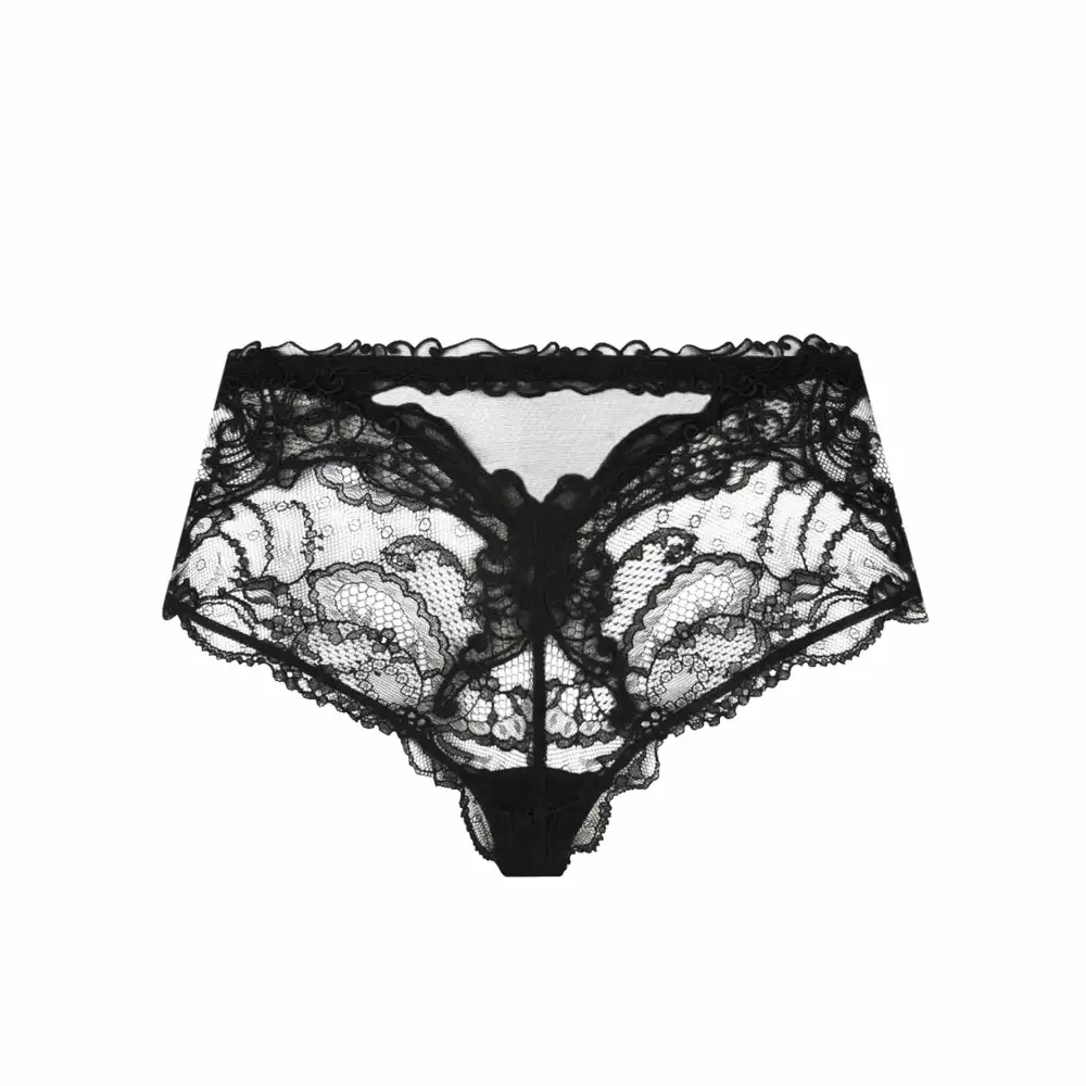 Women's Low Rise Lace Mesh Cotton Satin Decorative Bow Rhinestone Detail Boxer Panty