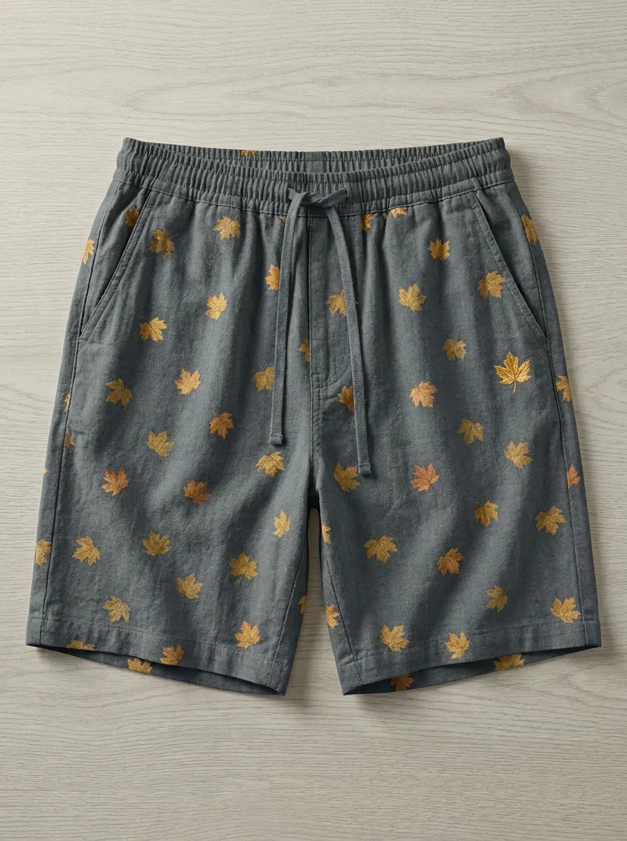 Maple Leaf Print Drawstring Straight Hem Shorts