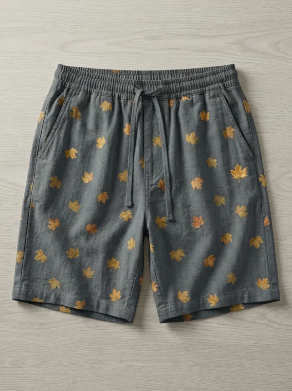 Maple Leaf Print Drawstring Straight Hem Shorts