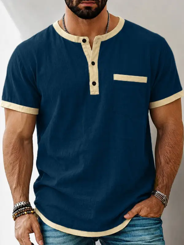 S Contrast Trim Henley Short Sleeve Shirt Cotton Linen