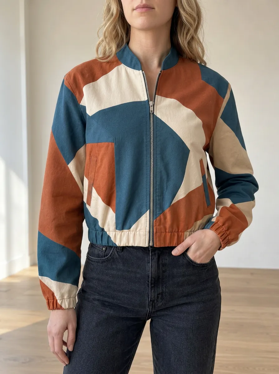 Women's Street Geometric Colorblock Bomber Jacket