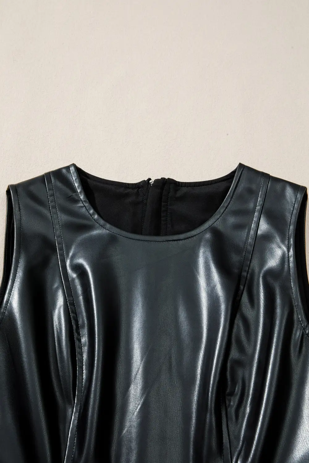 Textured Detail Faux Leather Ruffle Sleeveless Mini Dress