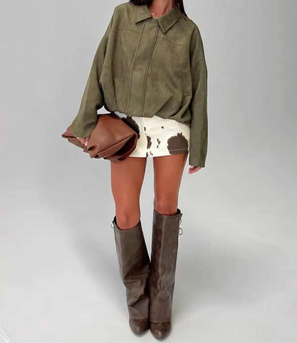 Khaki Faux Suede Oversized Collared Bomber Jacket