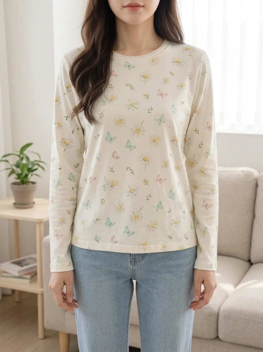 Women's Sweet Style Daisy Butterfly Printed Long Sleeve Top