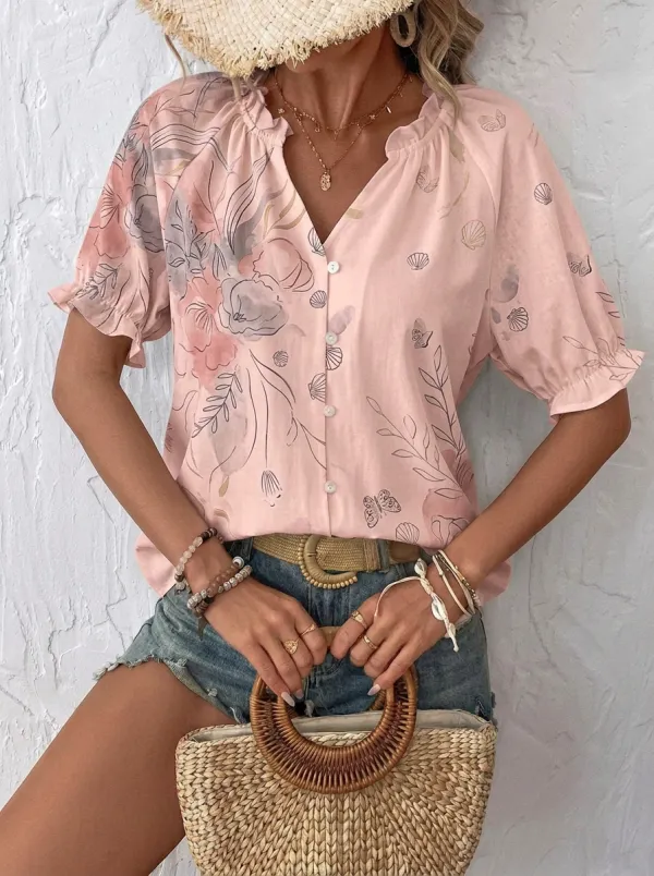 Women's Floral Butterfly Shell Printed V-Neck Blouse