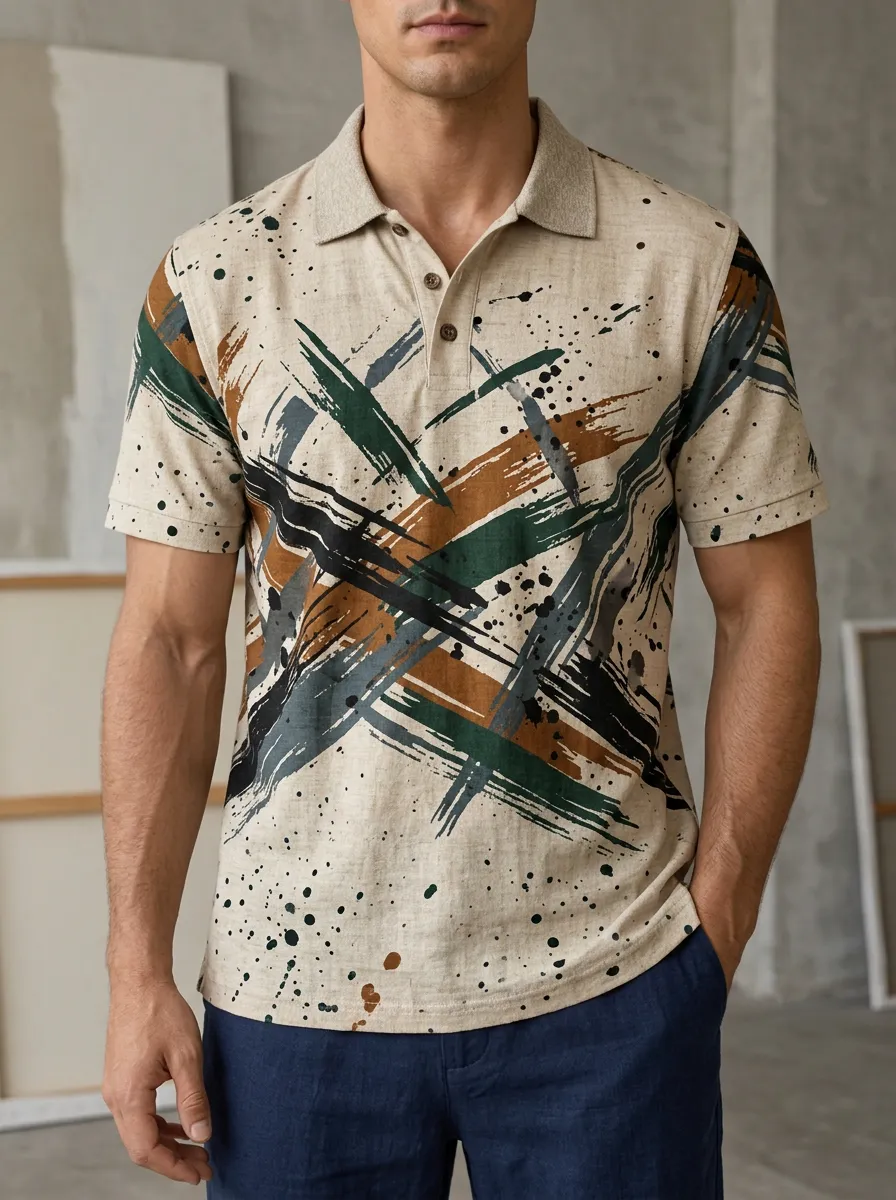 Men's Abstract Brushstroke Splatter Printed Polo Shirt