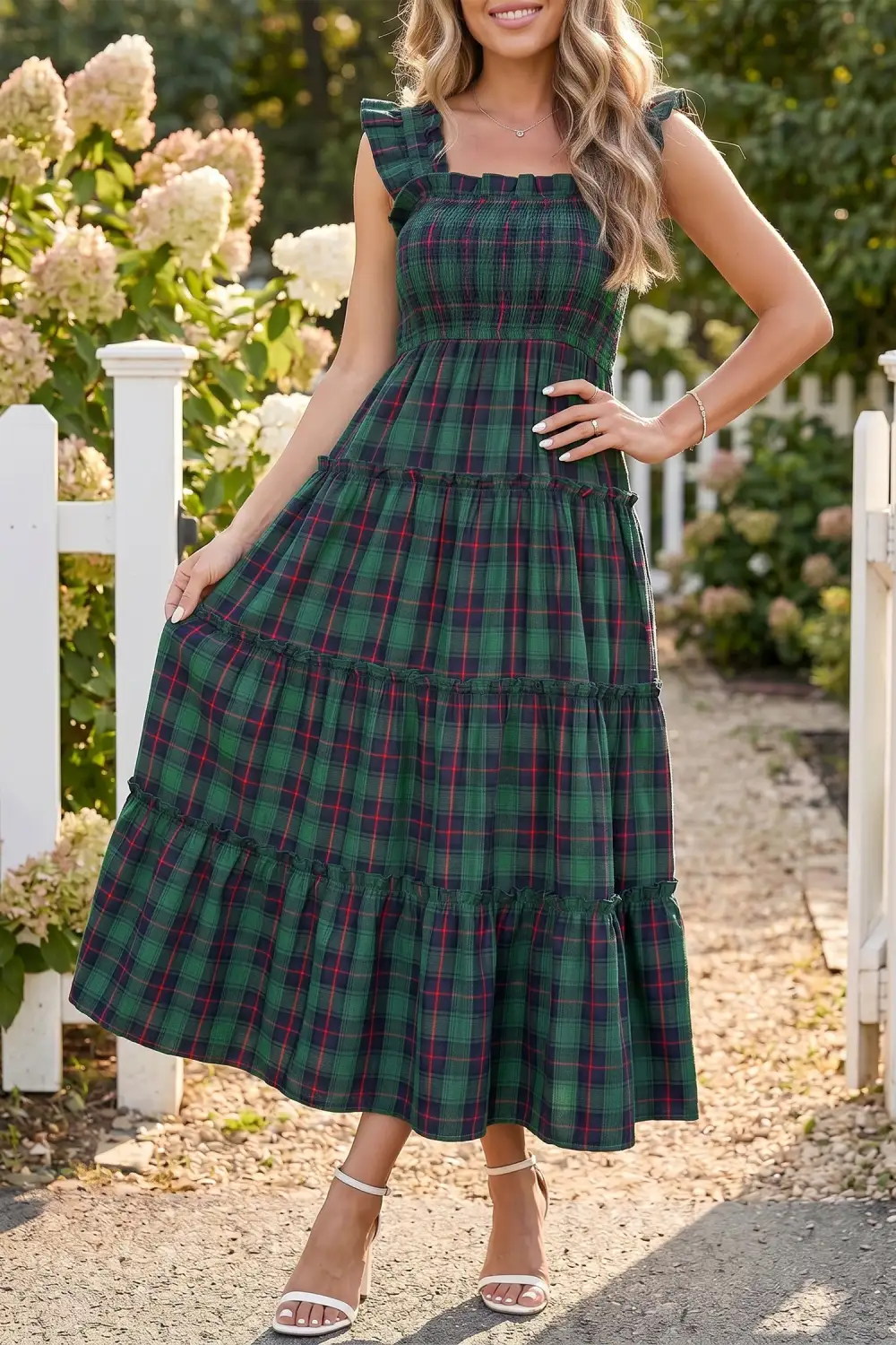 Women's Plaid Sleeveless Shirred Ruffled Midi Dress