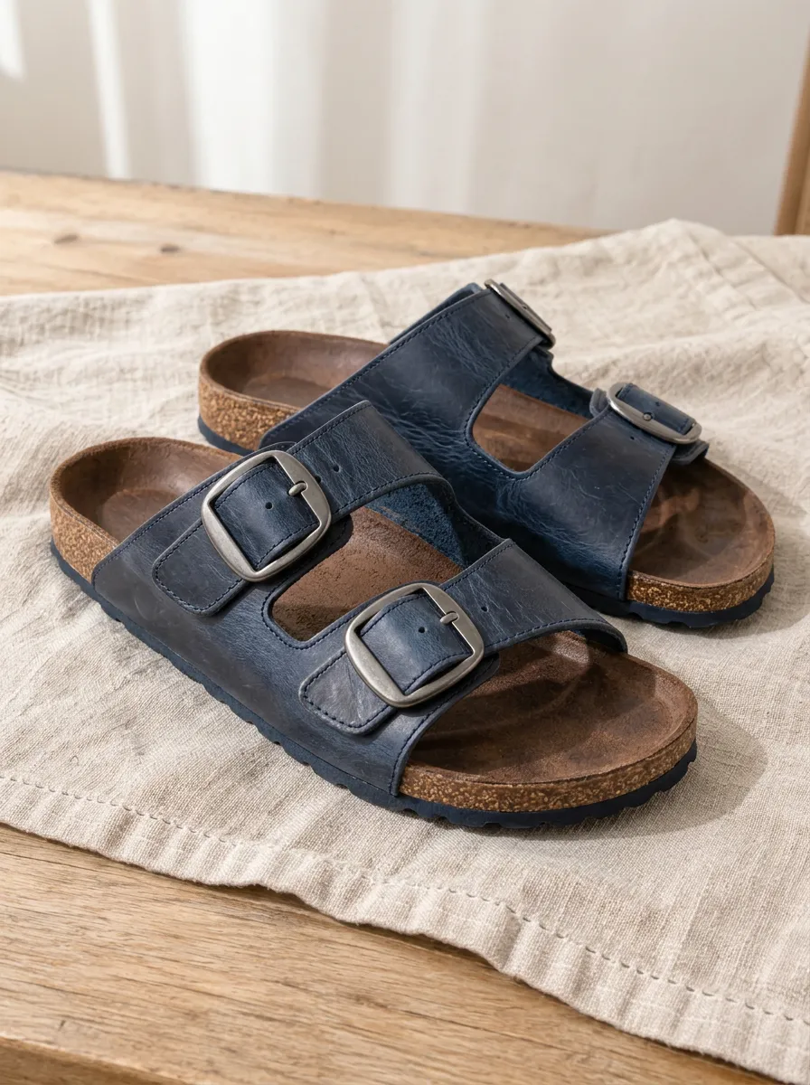 Unisex Navy Blue Faux Leather Double Buckle Cork Sandals