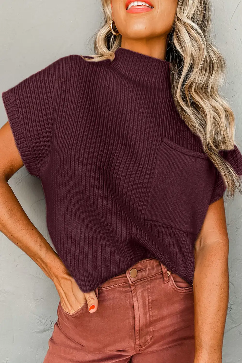 Patch Pocket Ribbed Knit Short Sleeve Relaxed Layer Sweater