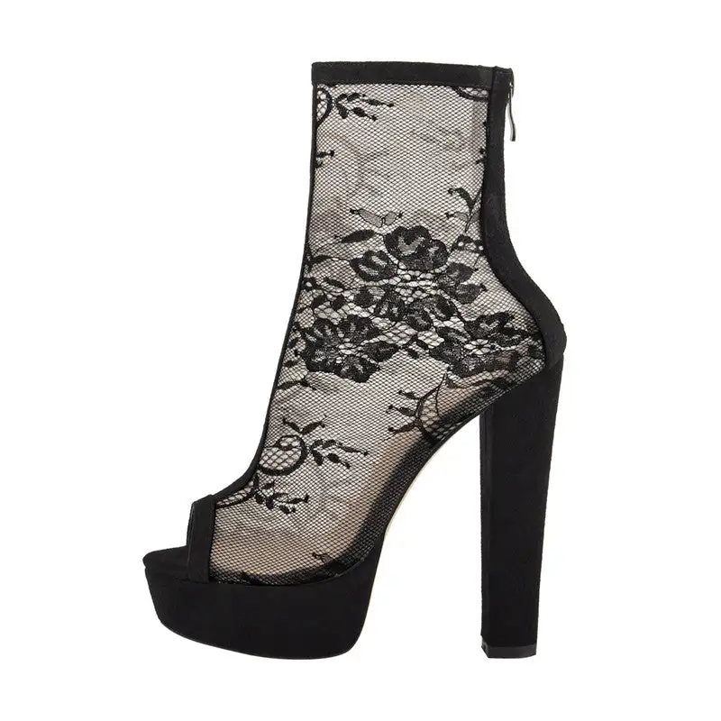 Mesh Peep Toe Platform Chunky High Heel Boot Sandals
