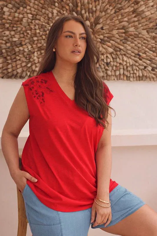 Red Broderie Anglaise Vest Top