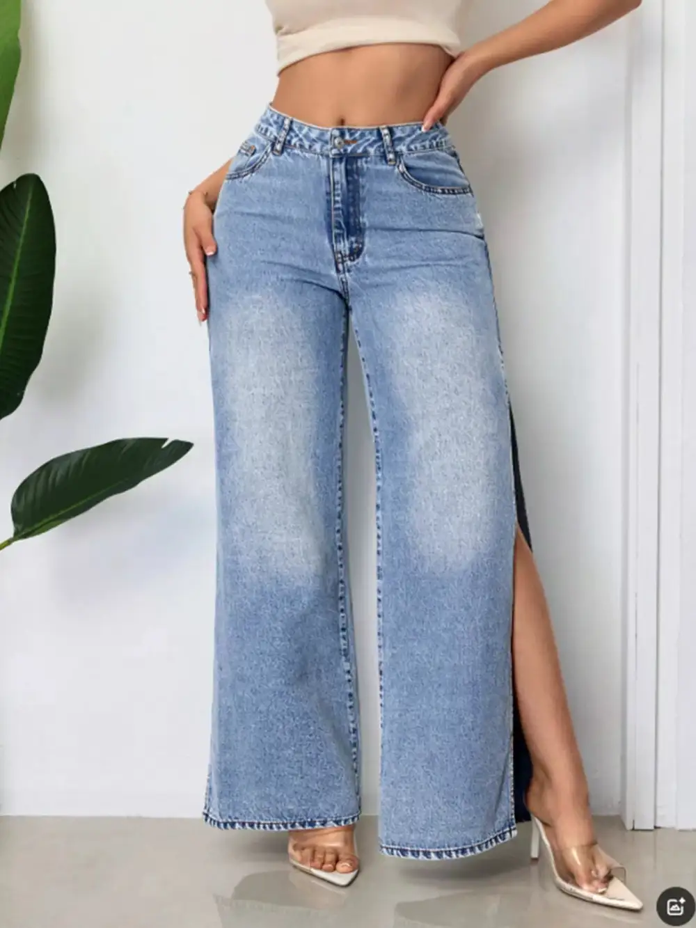 High-Waisted Wide-Leg Jeans With Side Slits