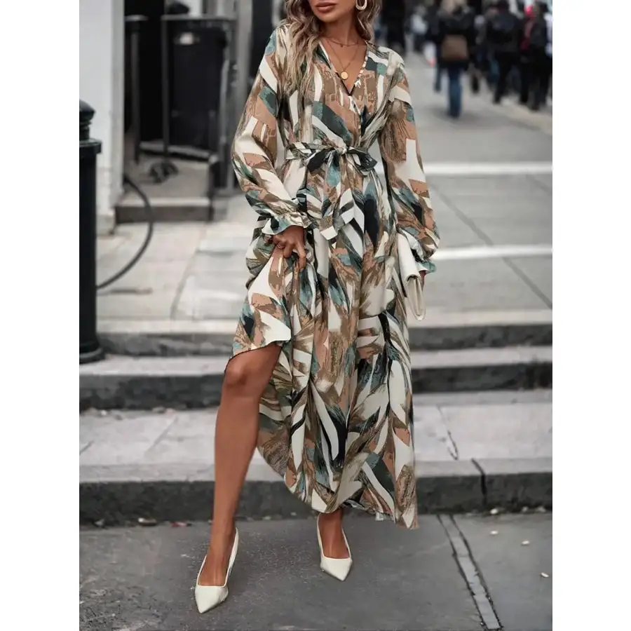 Printed Surplice Long Sleeve Maxi Dress