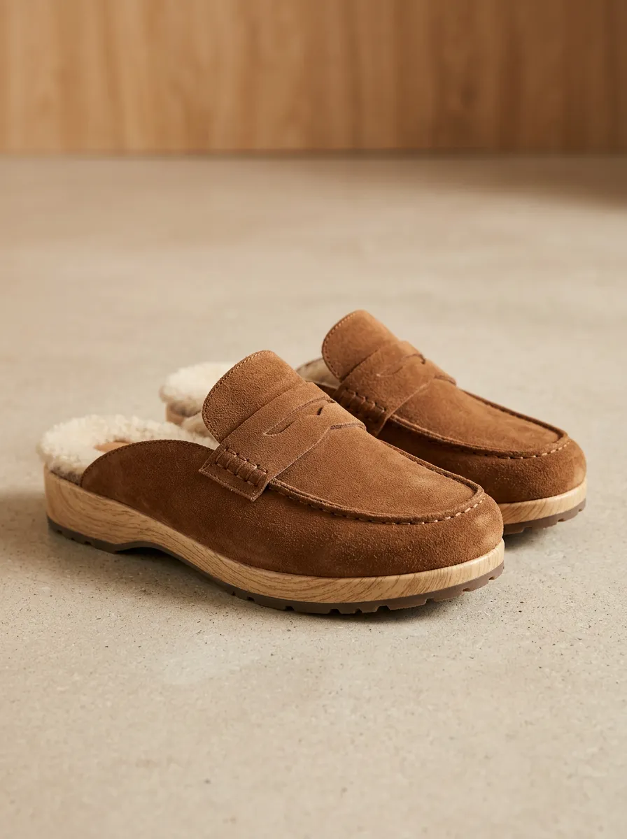 Women's Heritage Faux Fur Lined Casual Suede Wood Sole Loafers