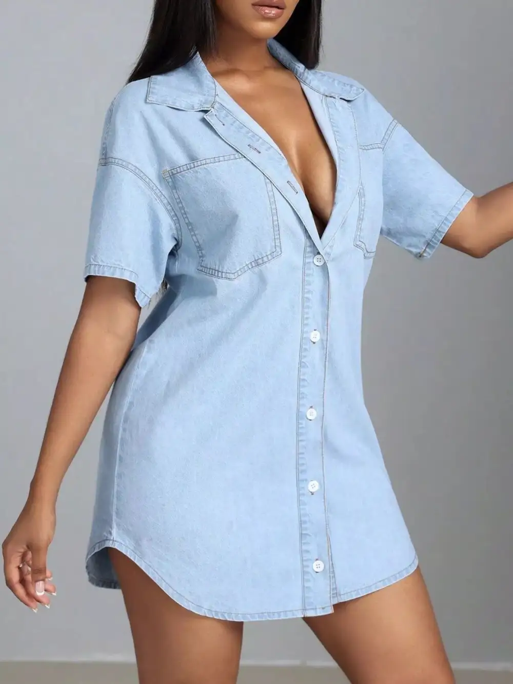 Denim Button Front Short Sleeve Dress Casual