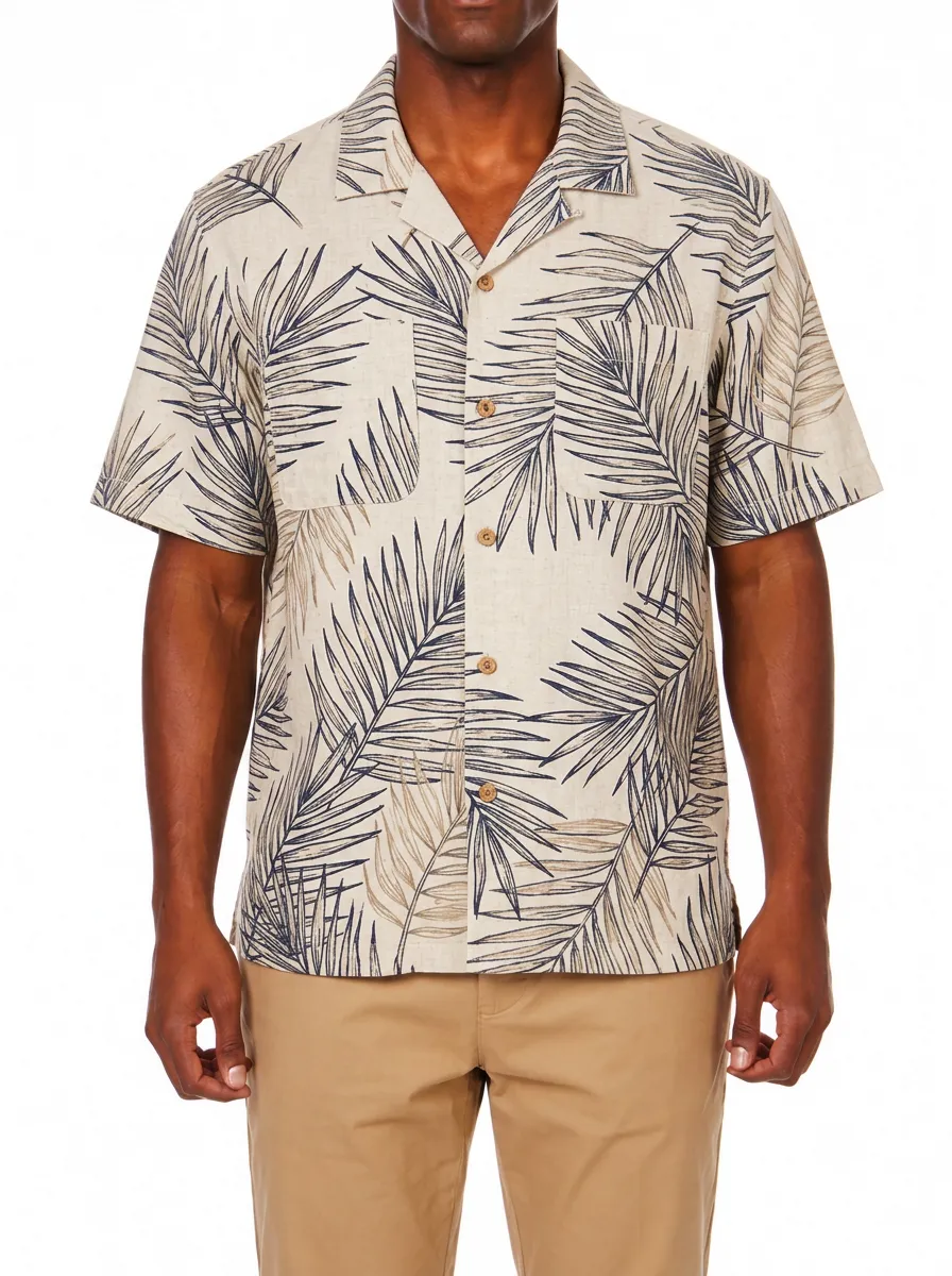 Men's Palm Print Camp Collar Short Sleeve Shirt Featuring Botanical Pattern