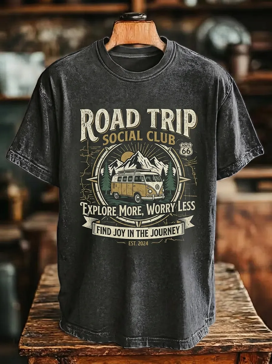 Unisex Road Trip Lover Vintage Van Mountain Printed T-shirt