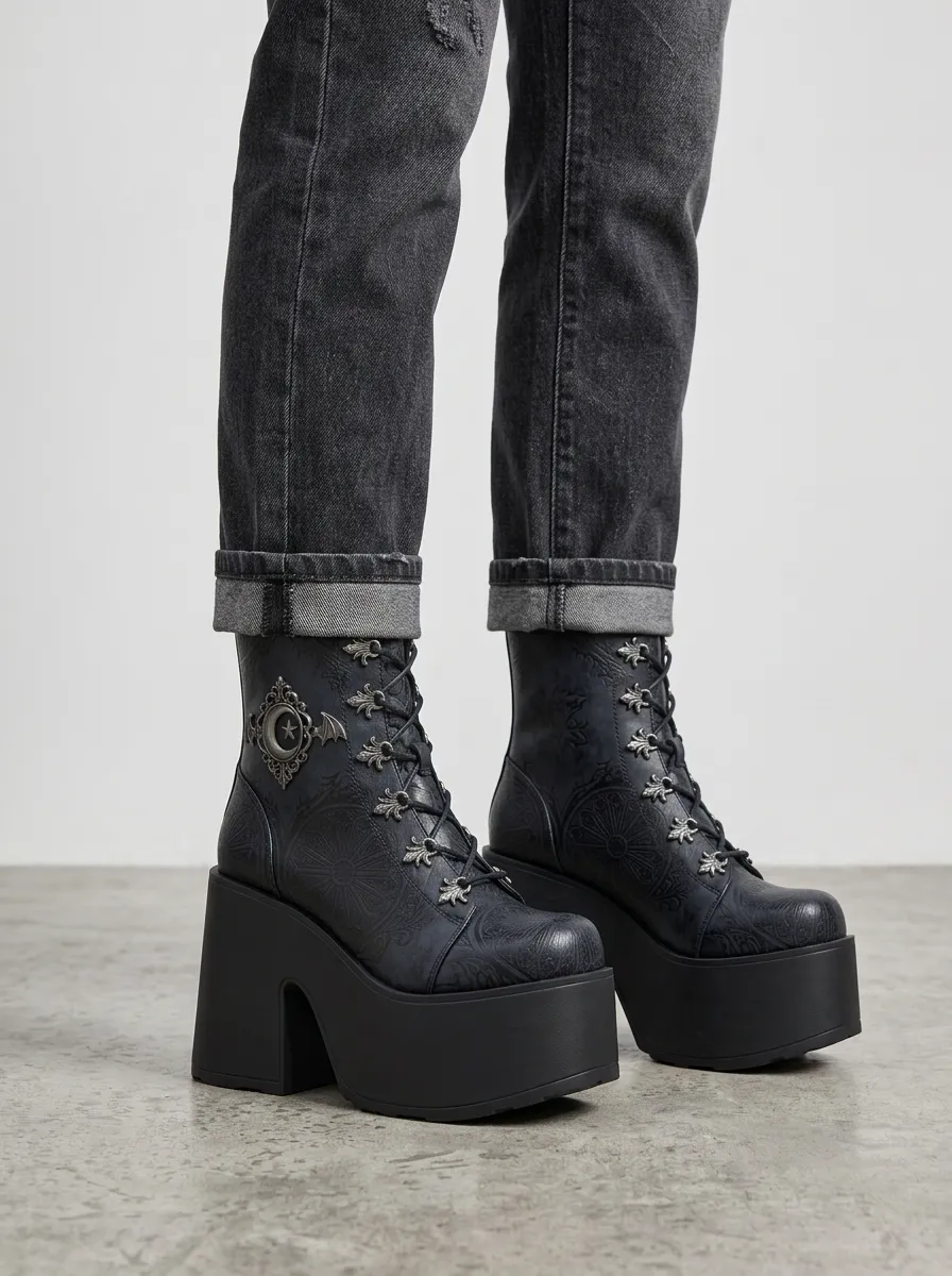 Dark Bat Moon Embossed Look Women's Gothic Platform Boots