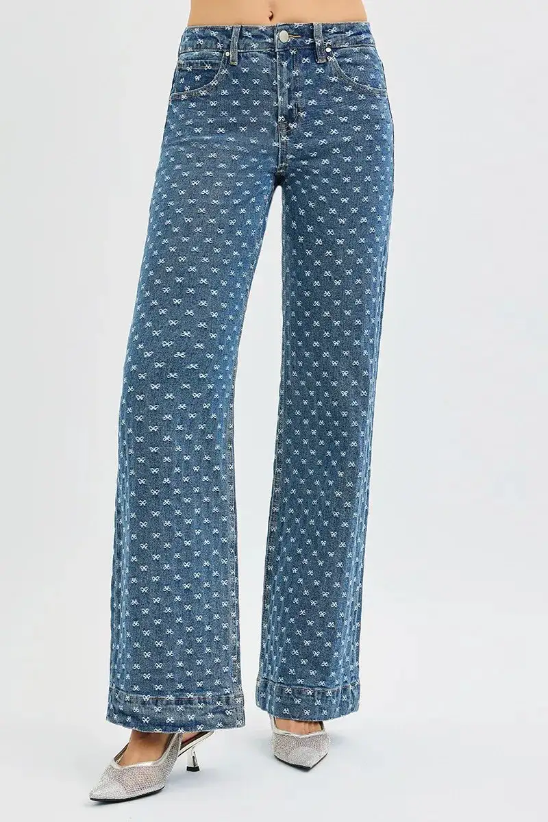 High Waist Wide Leg Embroidered Denim Jeans