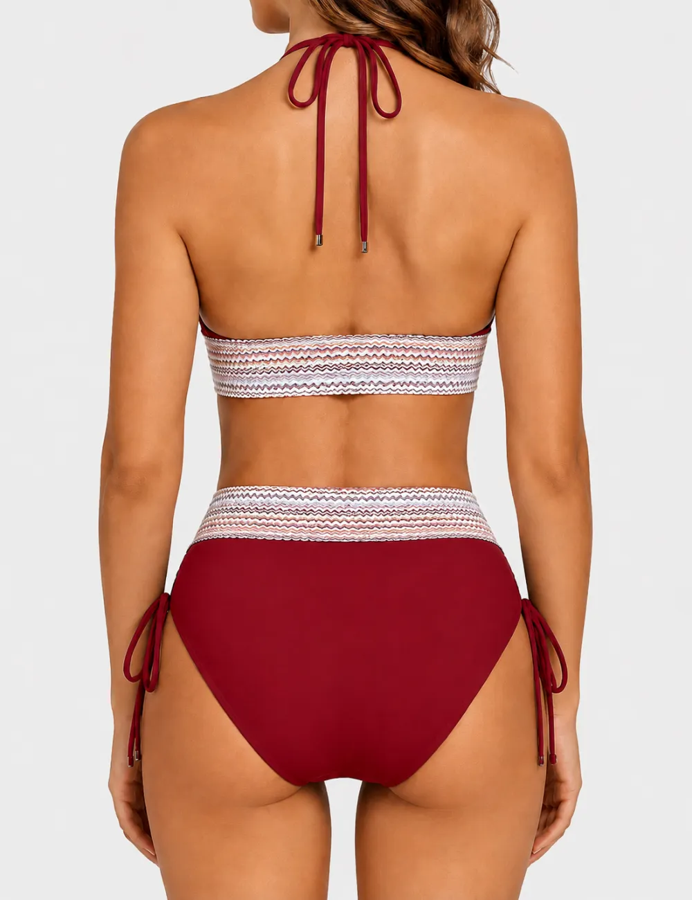 Deep V Neck Colorful Zigzag Smocked Trim Bikini Set