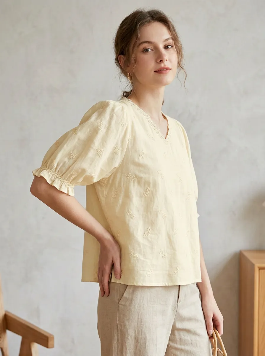 V-Neck Women's Puff-Sleeve Blouse