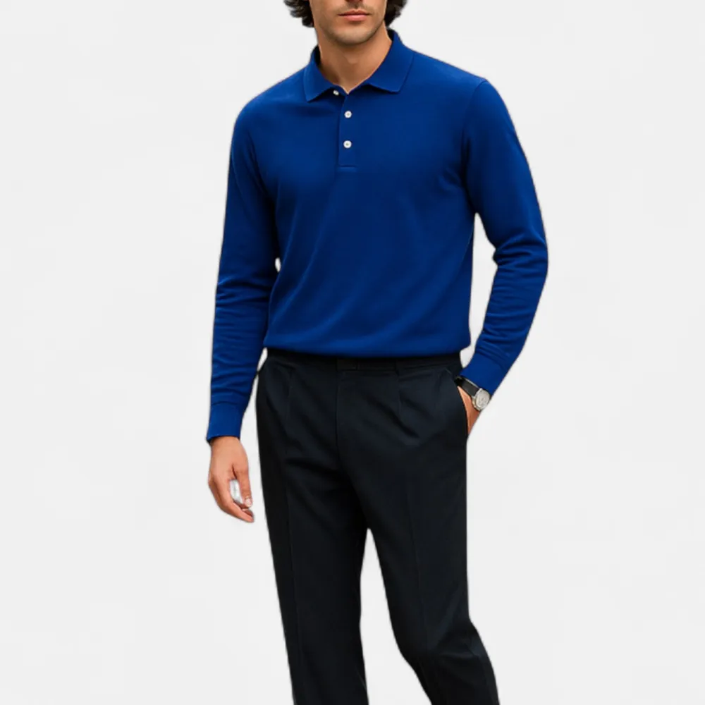 Cotton Denim Long Sleeve Polo Shirt
