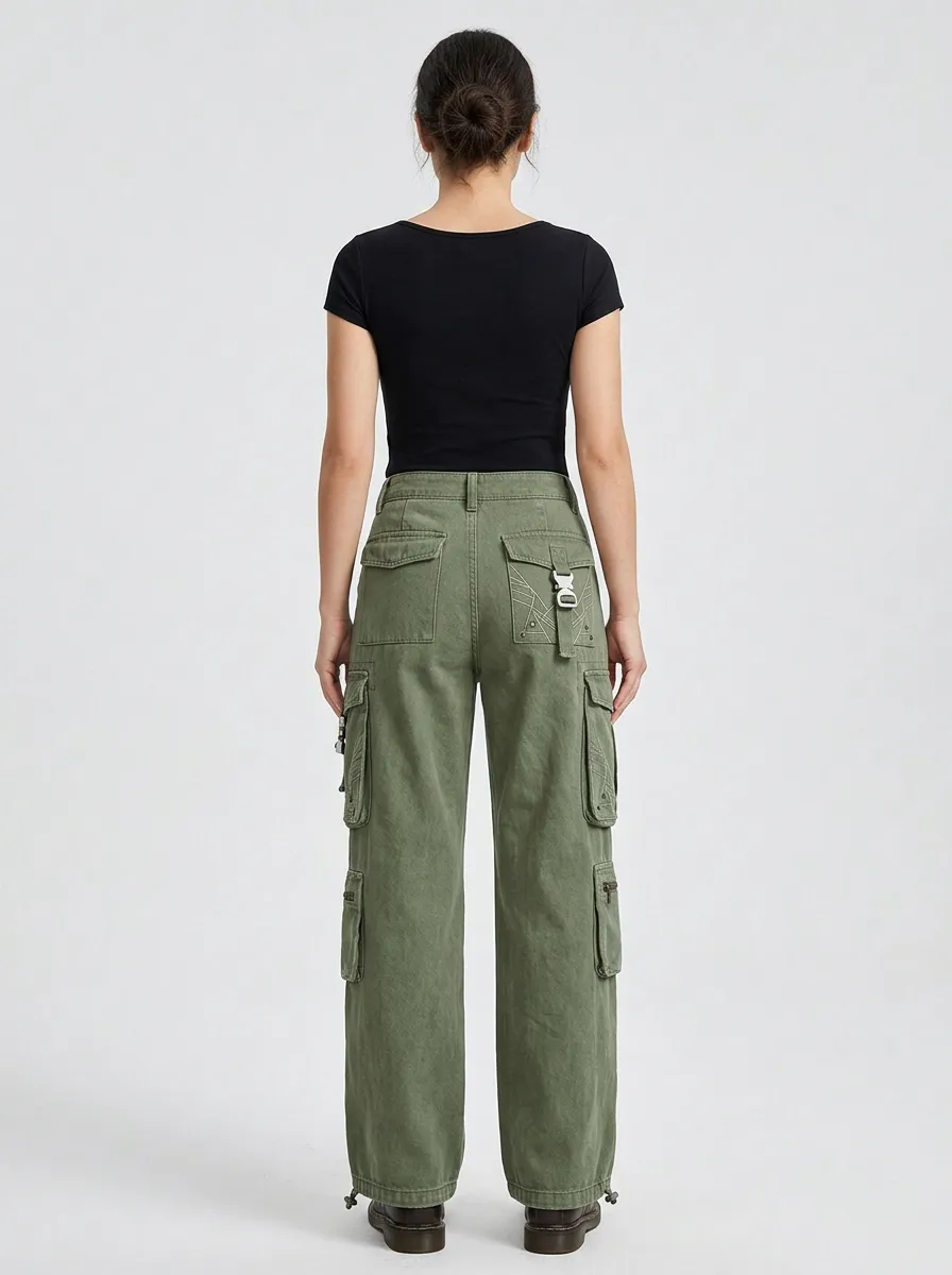 Minimal Buckle Detail Multi Pocket Essential Women's Multi Pocket Cargo Pants