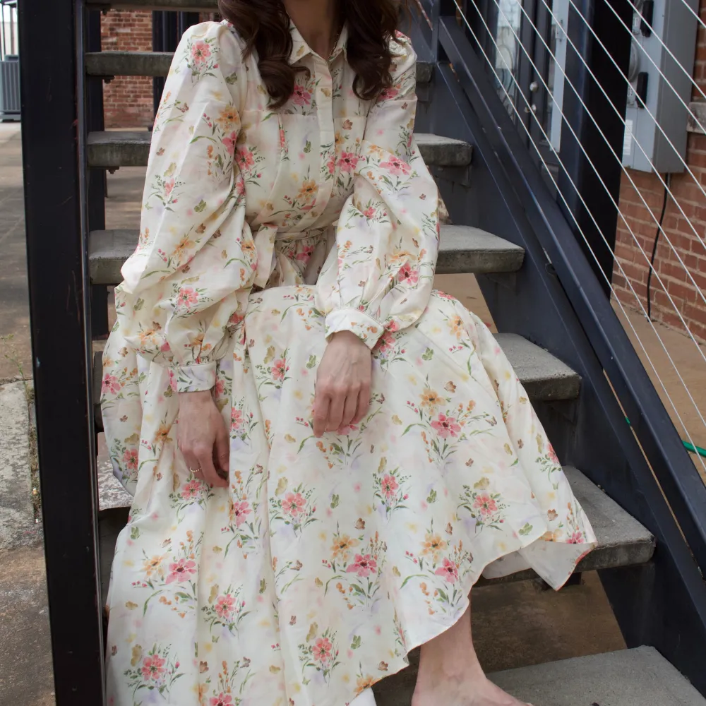 Floral Balloon Sleeve Long Sleeve Collared Dress