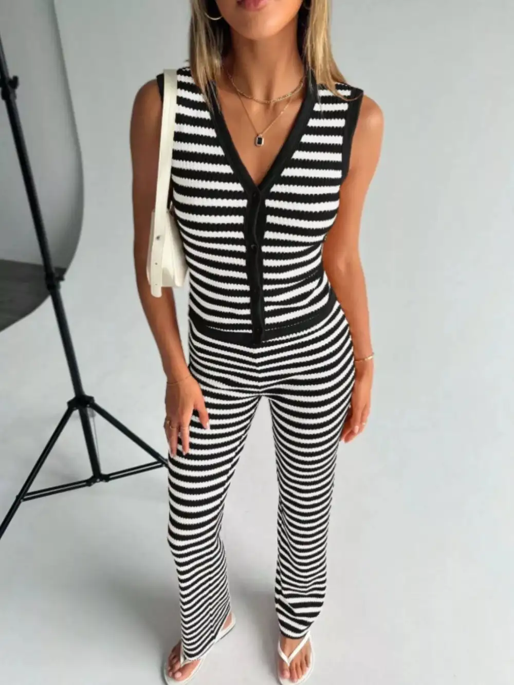 Striped Knit V Neck Button Up Sleeveless Top and Pants