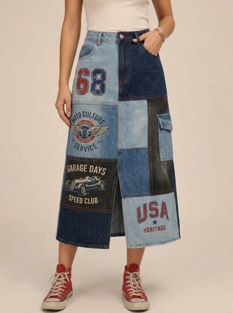 Women's Vintage Moto Culture USA Printed Patchwork Denim Midi Skirt