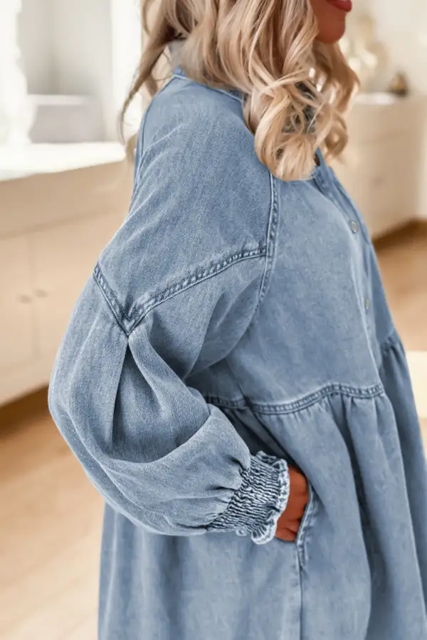 Denim Look Smocked Flared Mini Dress
