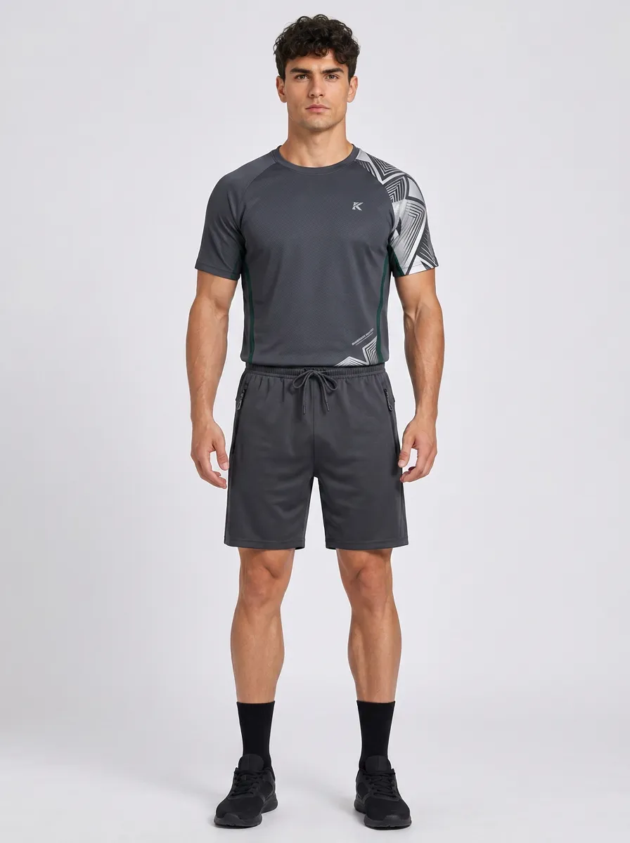 Men's Geometric Shoulder Print Raglan T-Shirt and Zip-Pocket Shorts Set