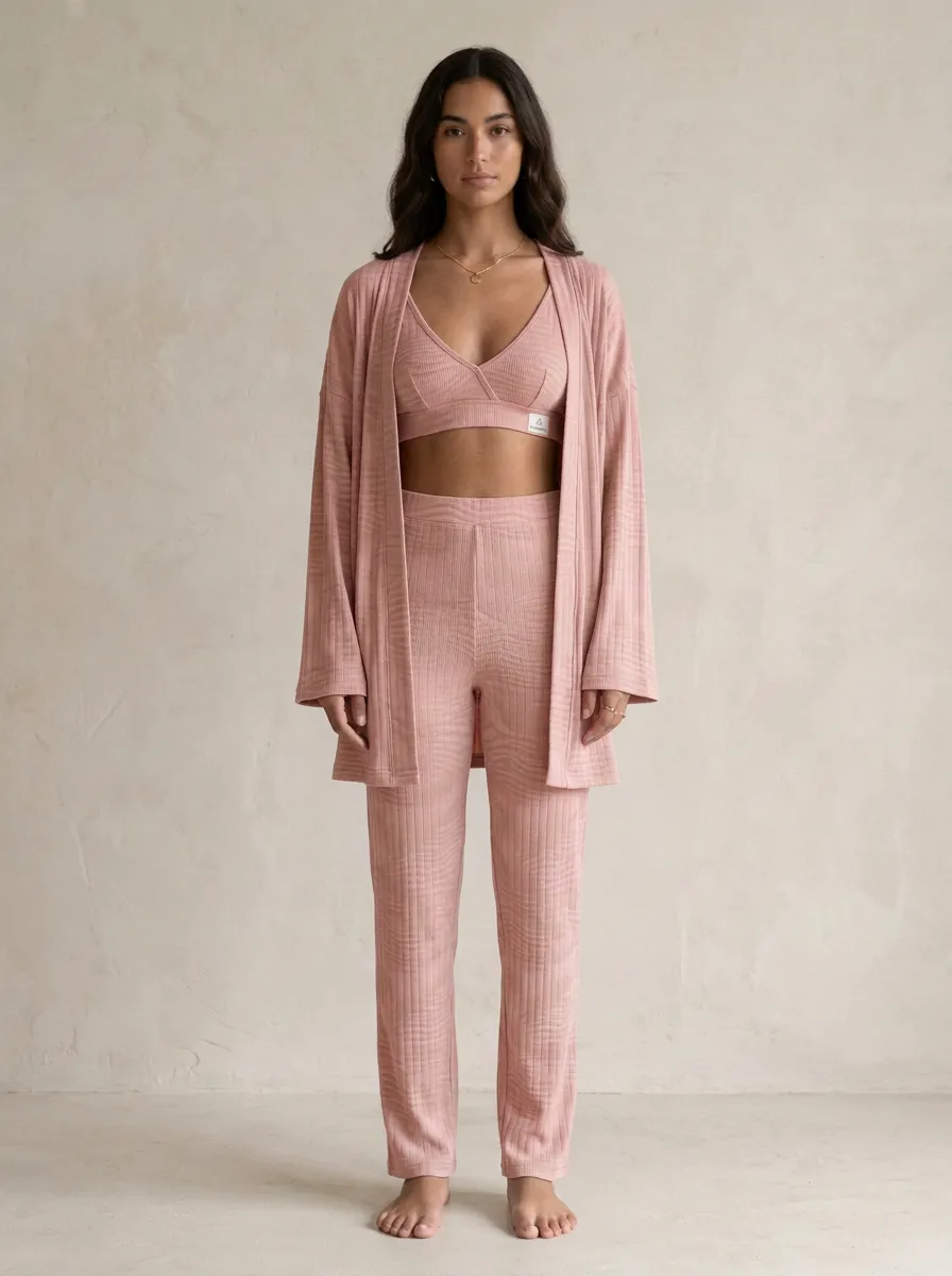 Ribbed Open Front Cardigan Lounge Set