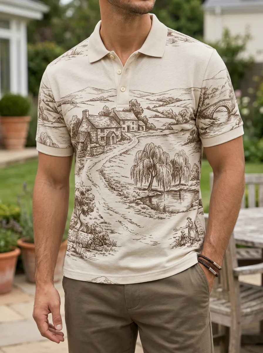 Men's Countryside Landscape Toile Printed Polo Shirt