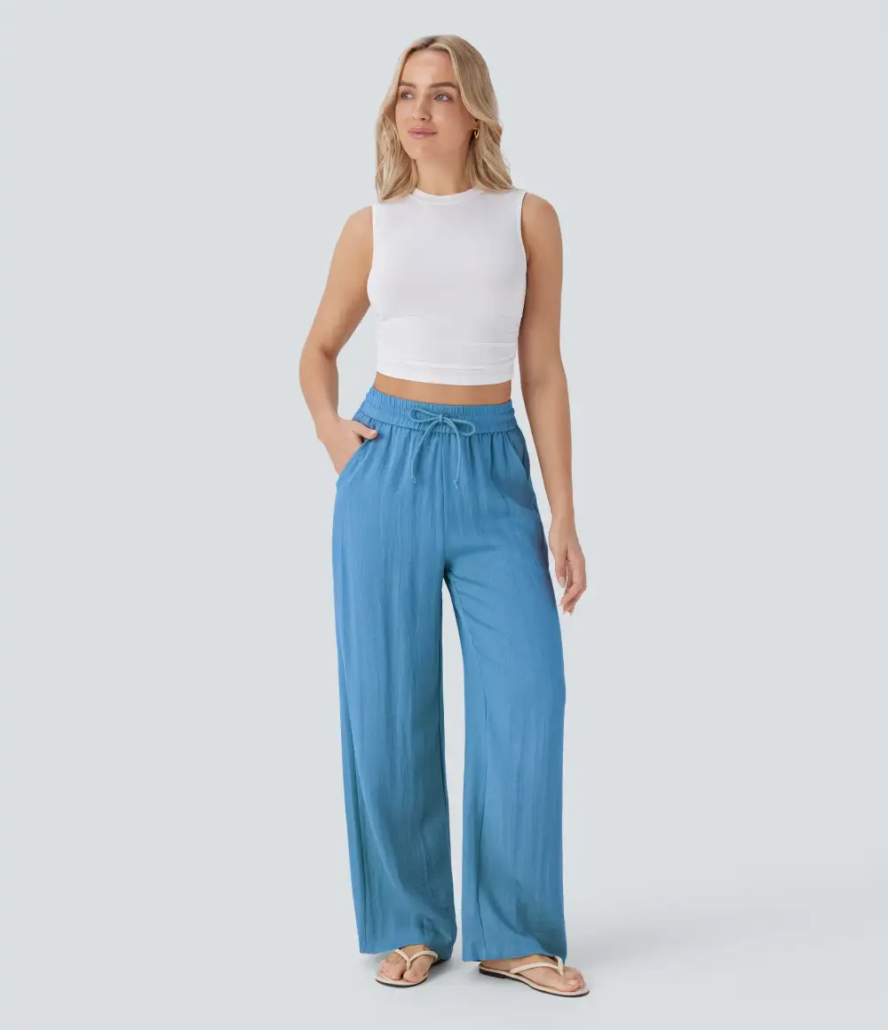 2026🔥 High Waisted Drawstring Pocket Wide Leg Casual Linen-Feel Pants
