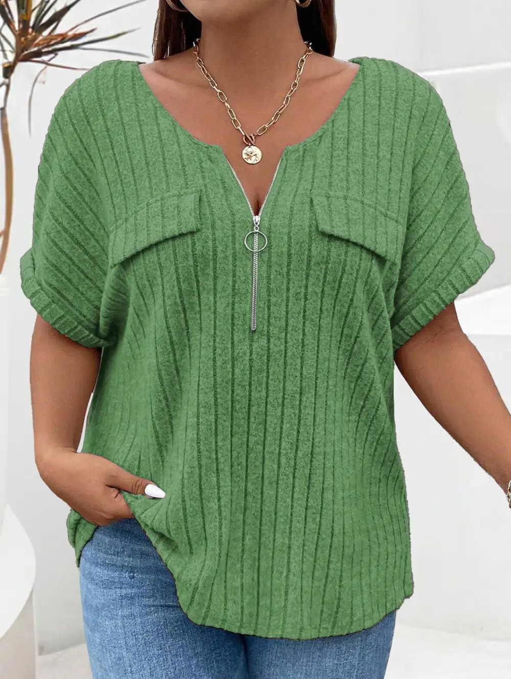 Ribbed V-Neck Knit Top