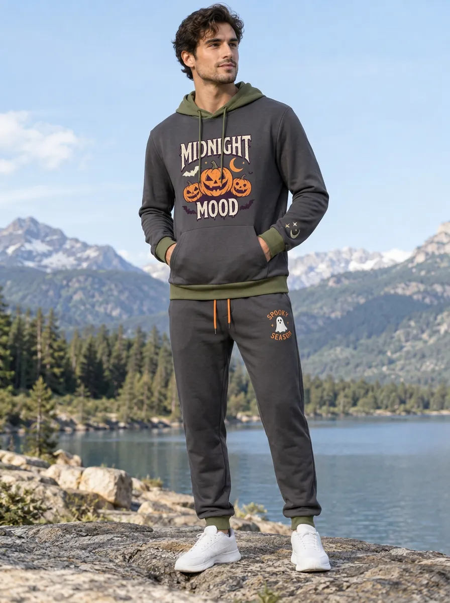 Men's Halloween Charcoal Midnight Mood Pumpkin Ghost Kangaroo-Pocket Sleeve-Graphic Hoodie Jogger Set