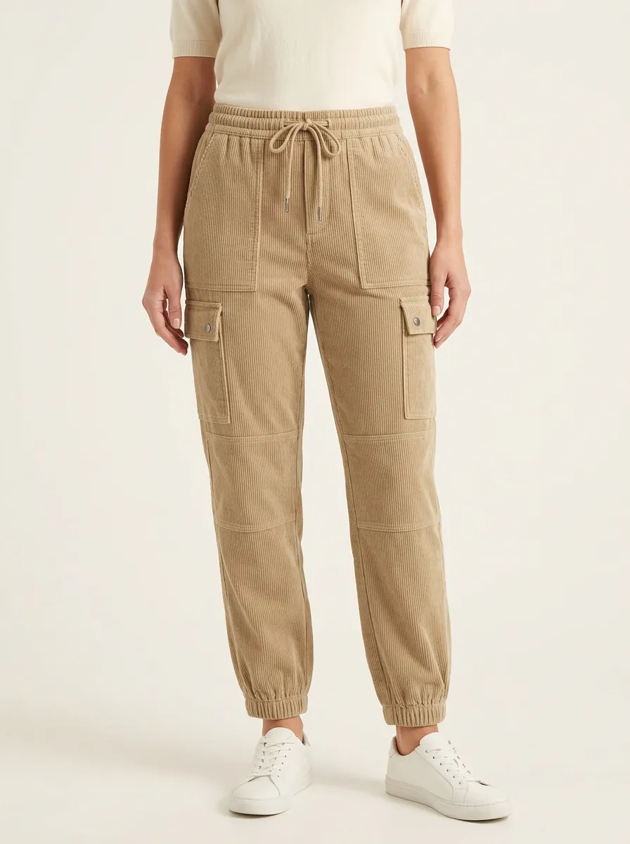 Women's Elastic Drawstring-Waist Jogger Corduroy Pants