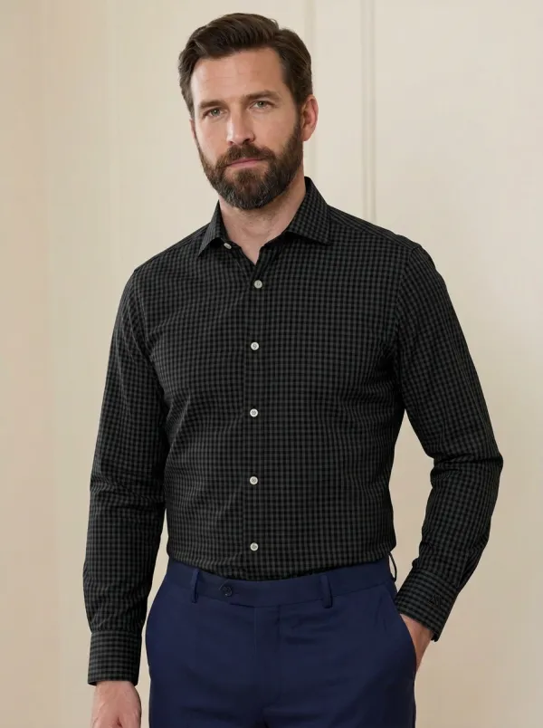 Men's Business Casual Non-Iron Cotton Blue Gingham Long Sleeve Shirt