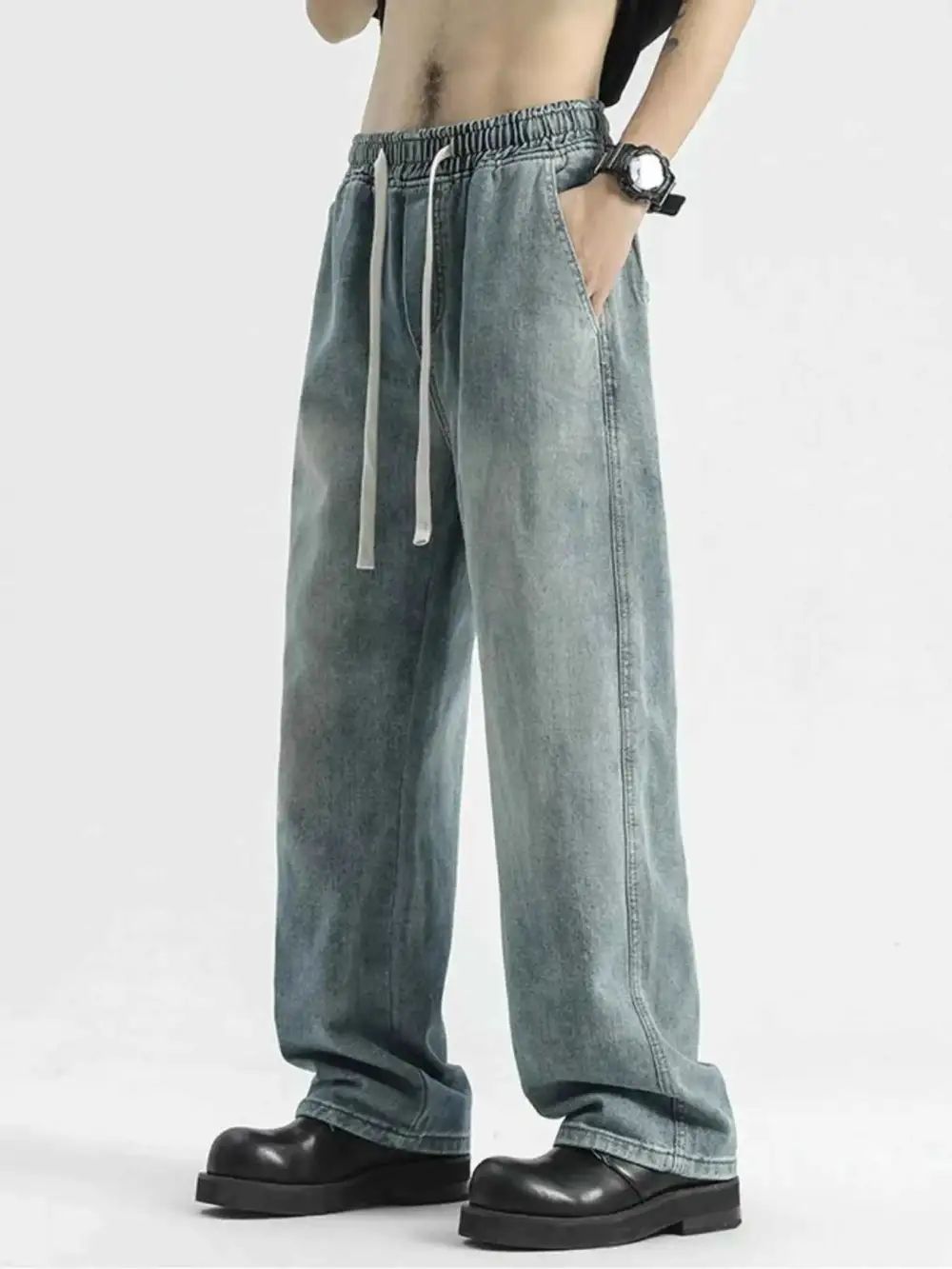 Washed Wide Leg Drawstring Jeans